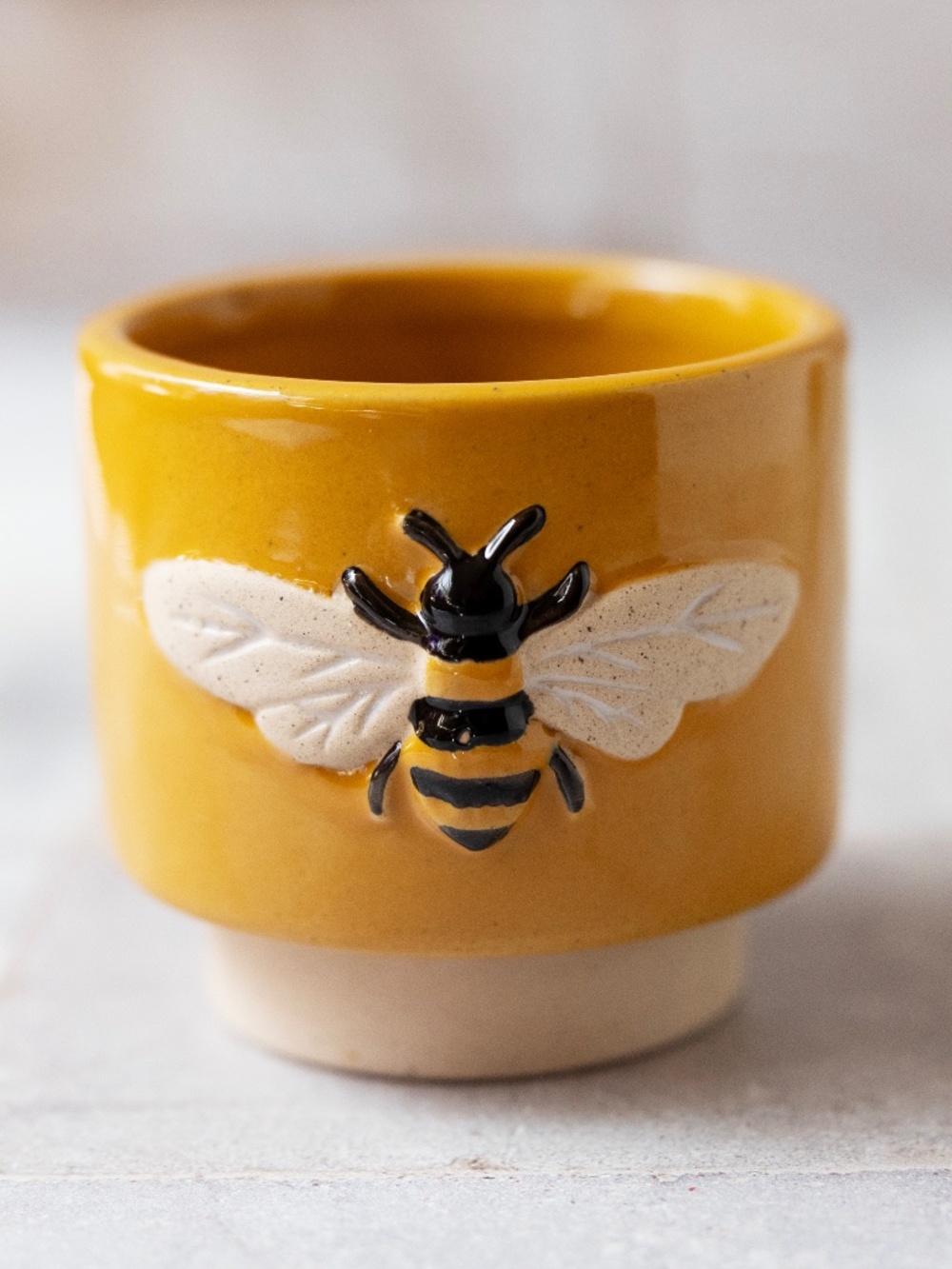 Small ceramic harvest gold yellow planter with bees 2.75" x 3"